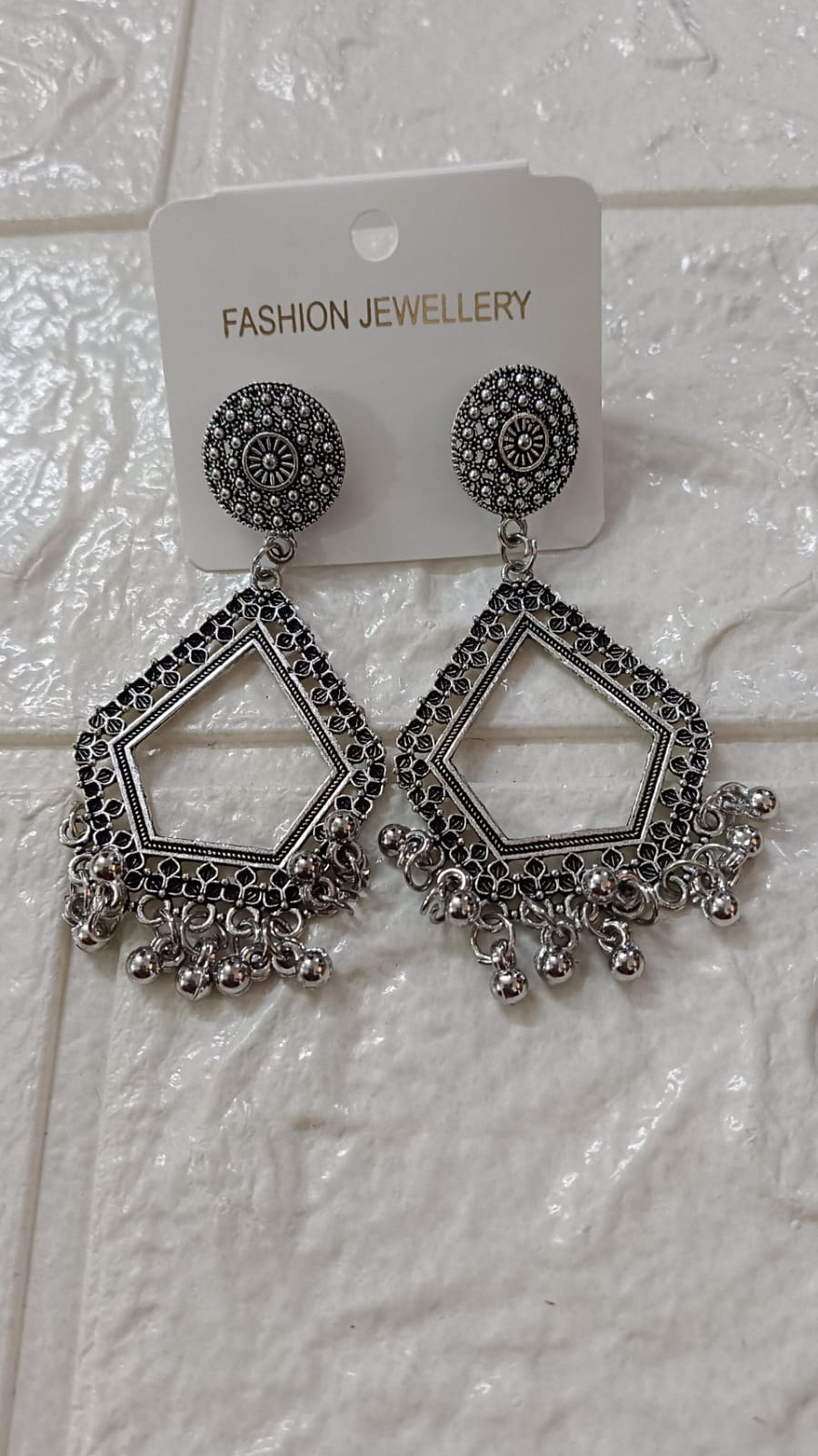 Oxidized Geometric Chandbali Earring - Silver base