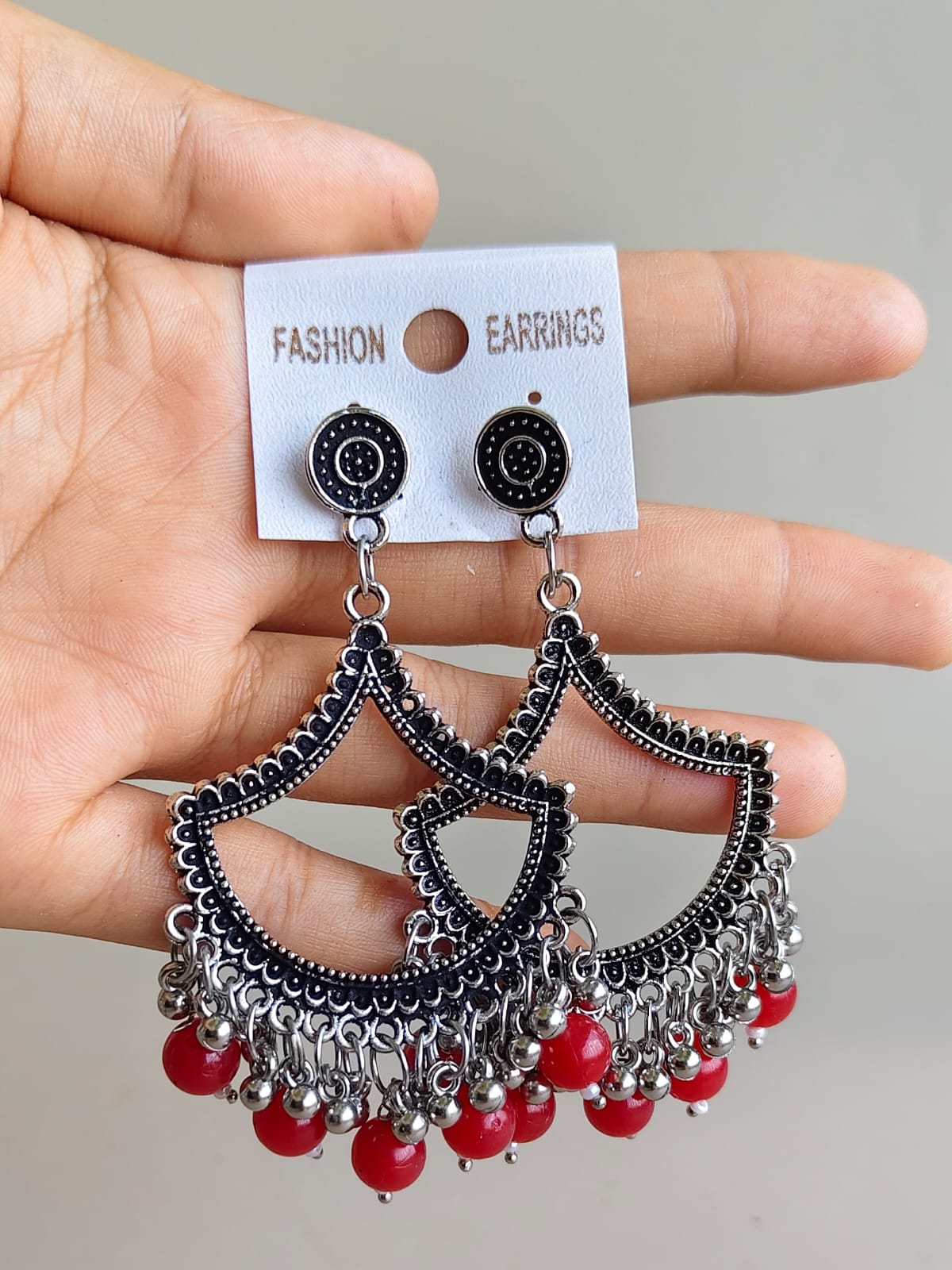 Jhumka - Half Moon with Silver Beads