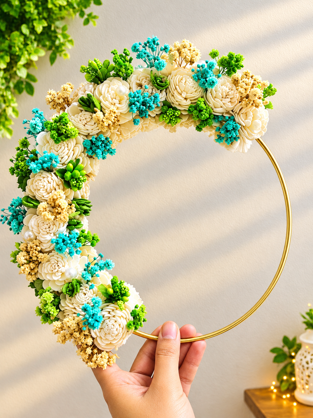 Flower hoop - White, Blue, Green, Cream Theme