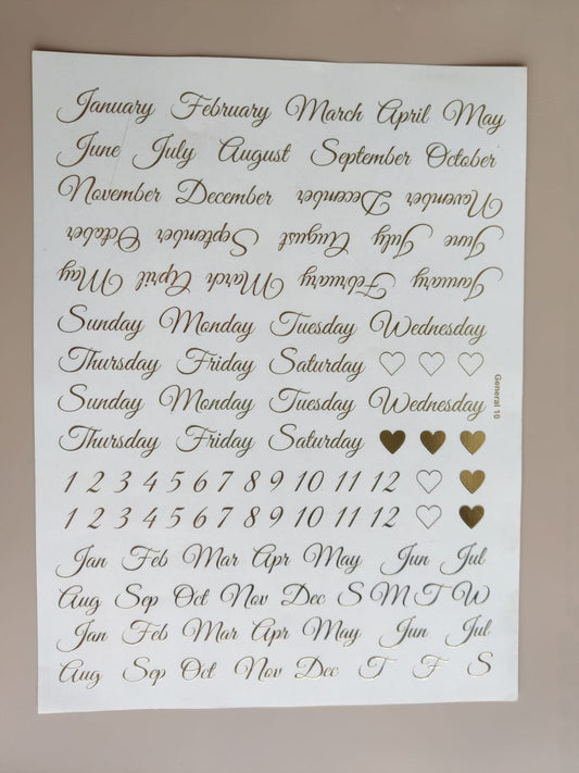 A4 sheet Calender Months Embossed sticker