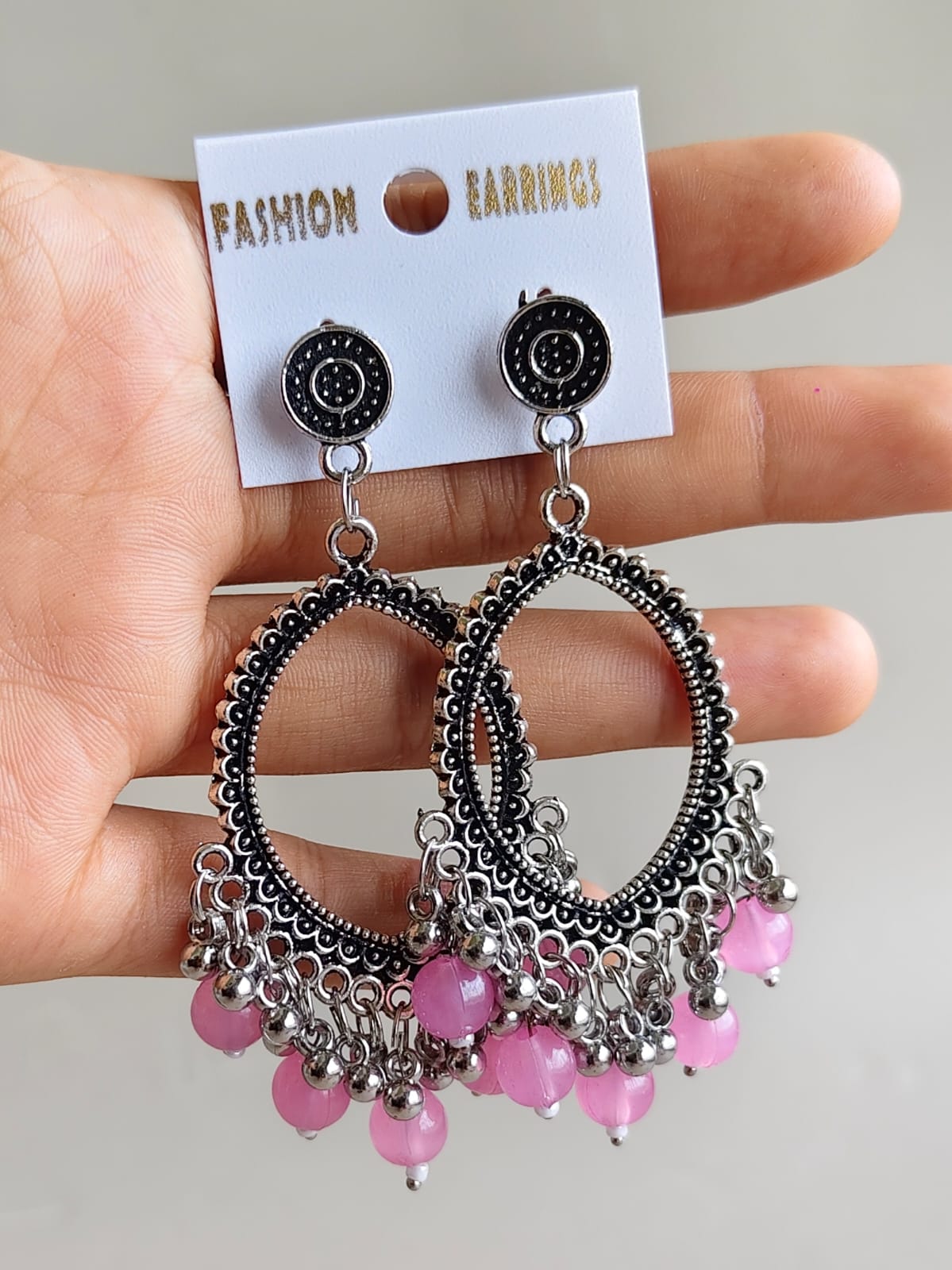 Oval Earrings/Jhumkas with silver base