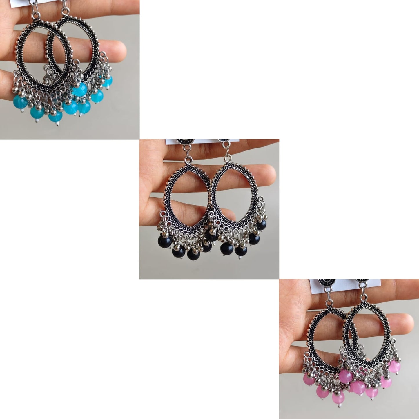 Oval Earrings/Jhumkas with silver base