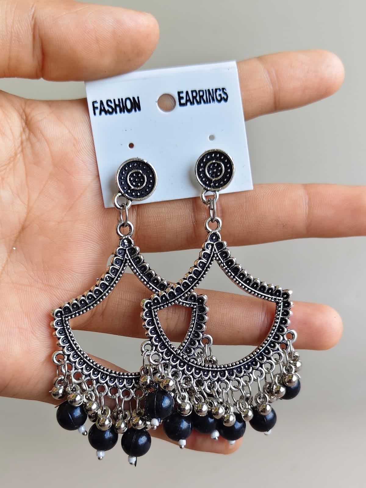 Jhumka - Half Moon with Silver Beads