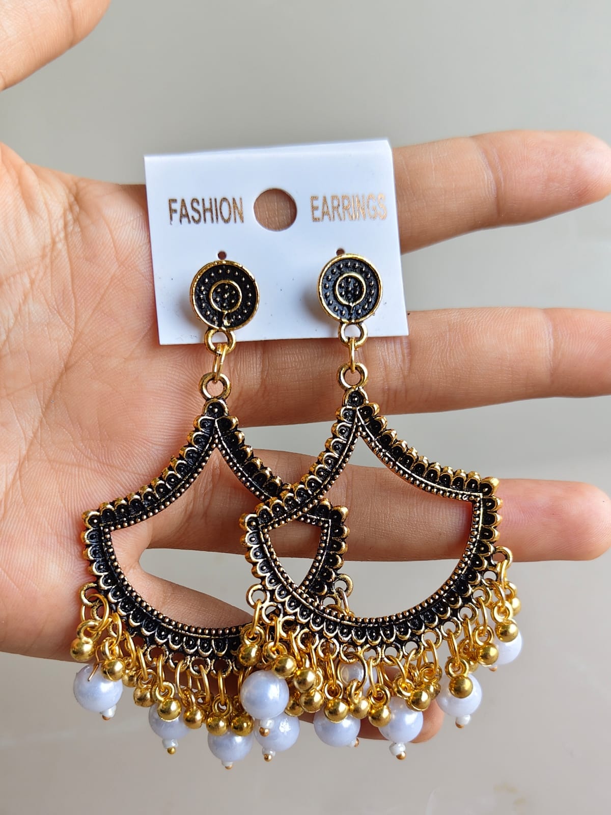 Jhumka - Half Moon with Golden Beads