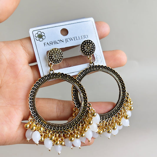 Oxidized Antique Chandbali With White Beads