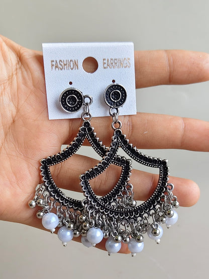 Jhumka - Half Moon with Silver Beads
