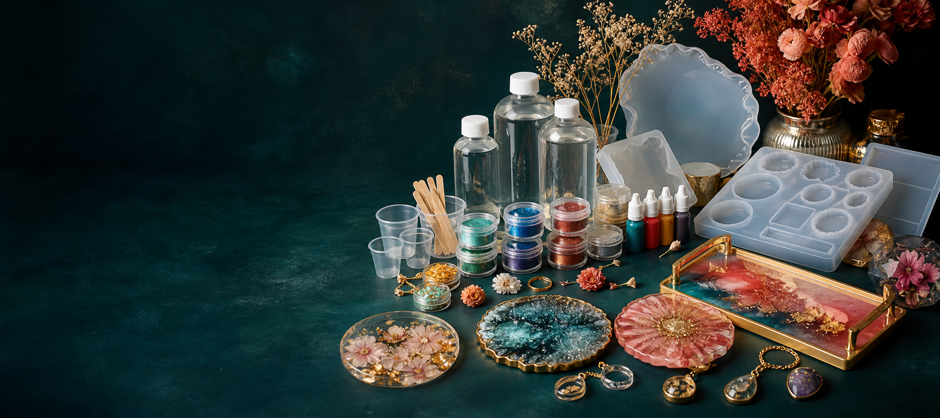 Epoxy resin, silicone moulds, pigments and resin art tools arranged in a premium creative studio