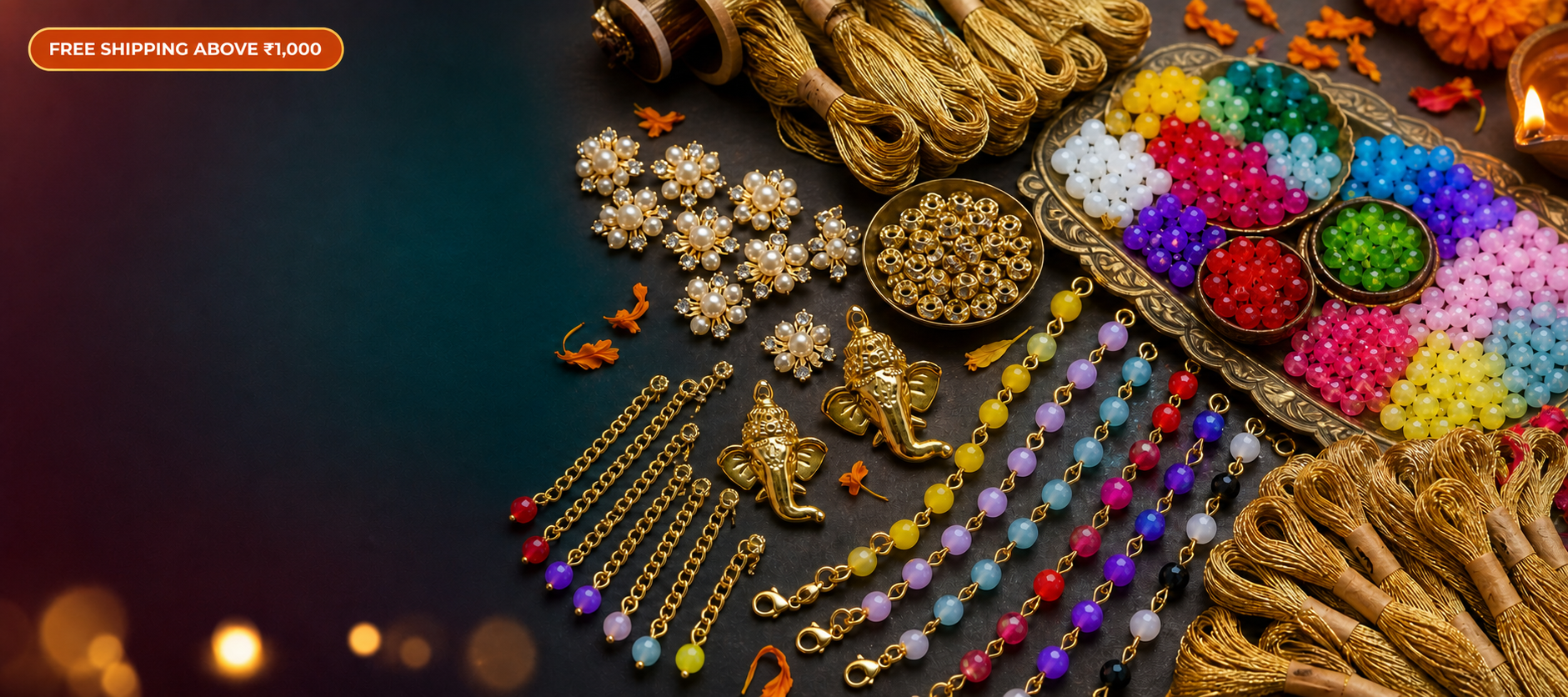 Rakhi-making raw materials with colourful beads, gold threads, Ganesh charms and bracelet chains; free shipping above ₹1,000