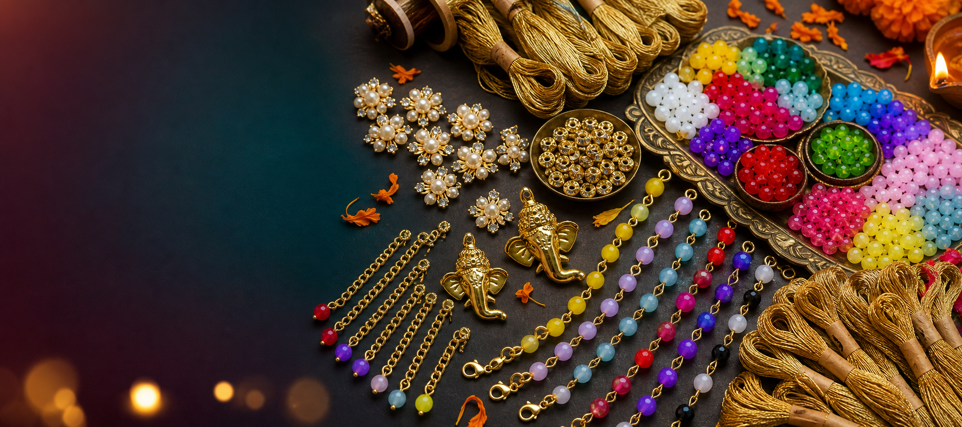Rakhi-making raw materials including colourful beads, gold threads, Ganesh charms and bracelet chains