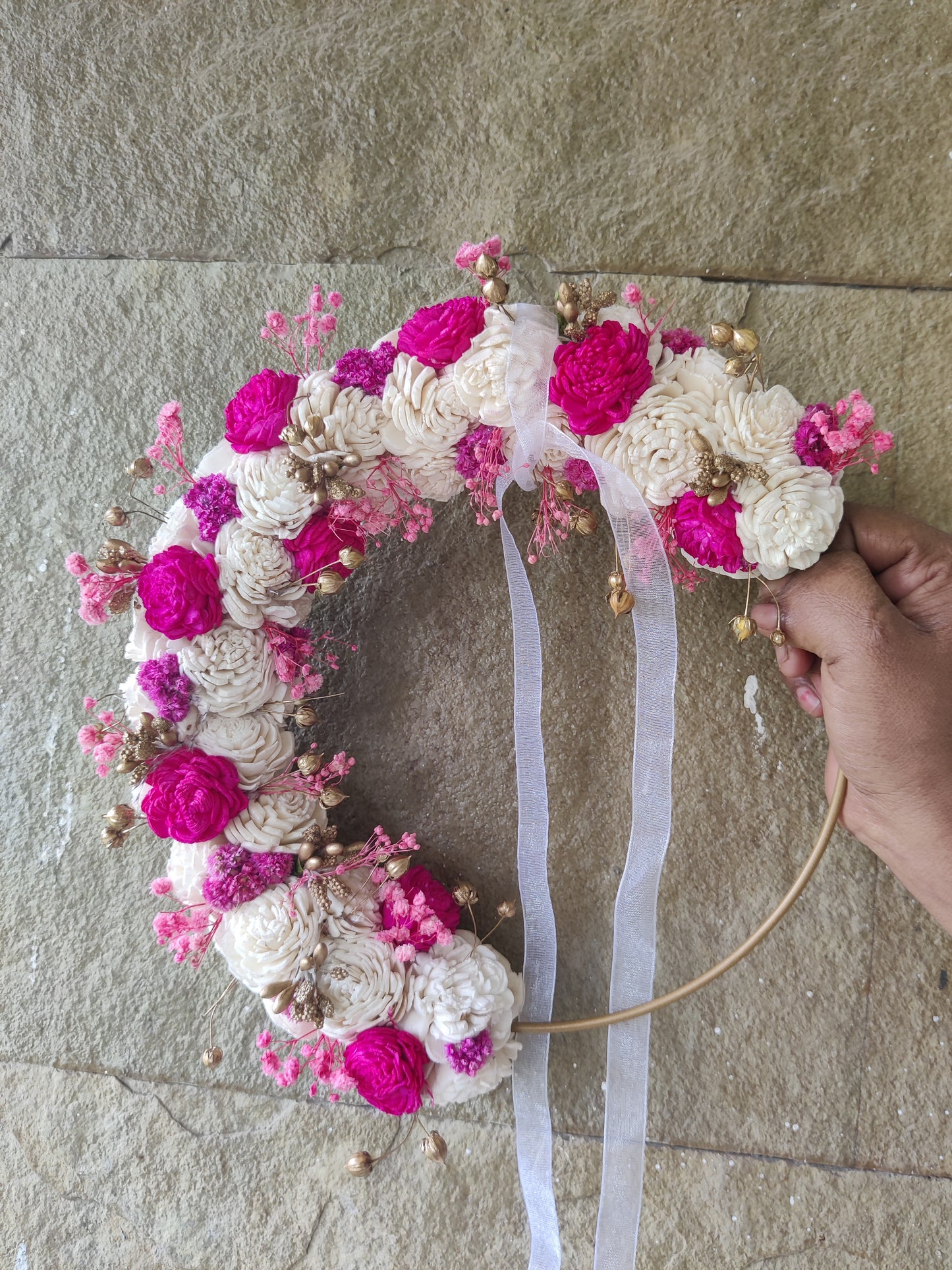 Decorated hoop - hot pink & white
